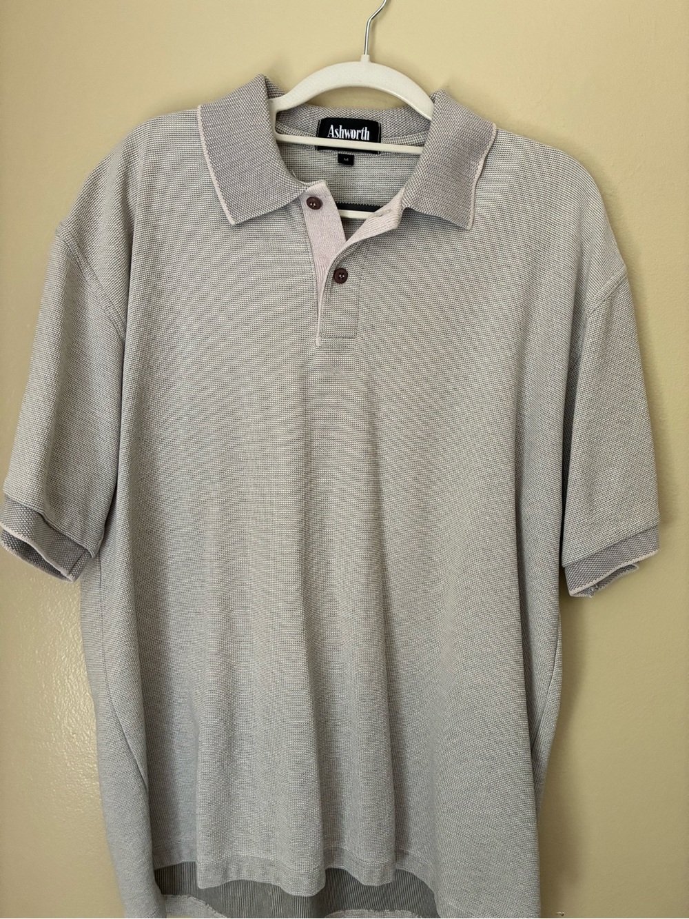Ashworth Men's Heather Gray Polo with Subtle Pink Placket Trim